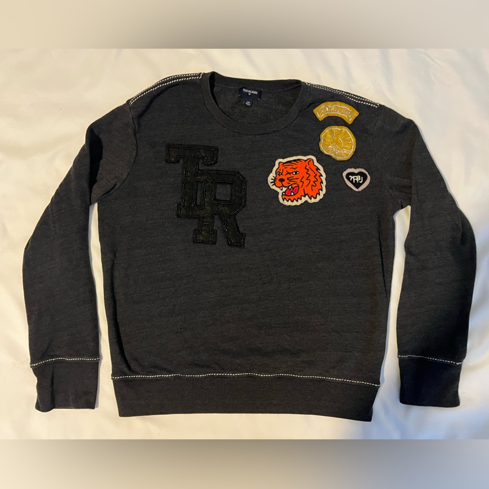 True Religion Black Crewneck Sweater with Patches